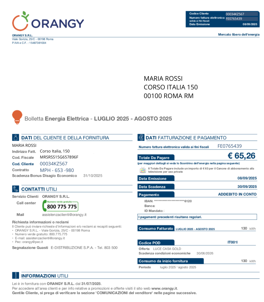 frontespizio unificato nuova bolletta Orangy